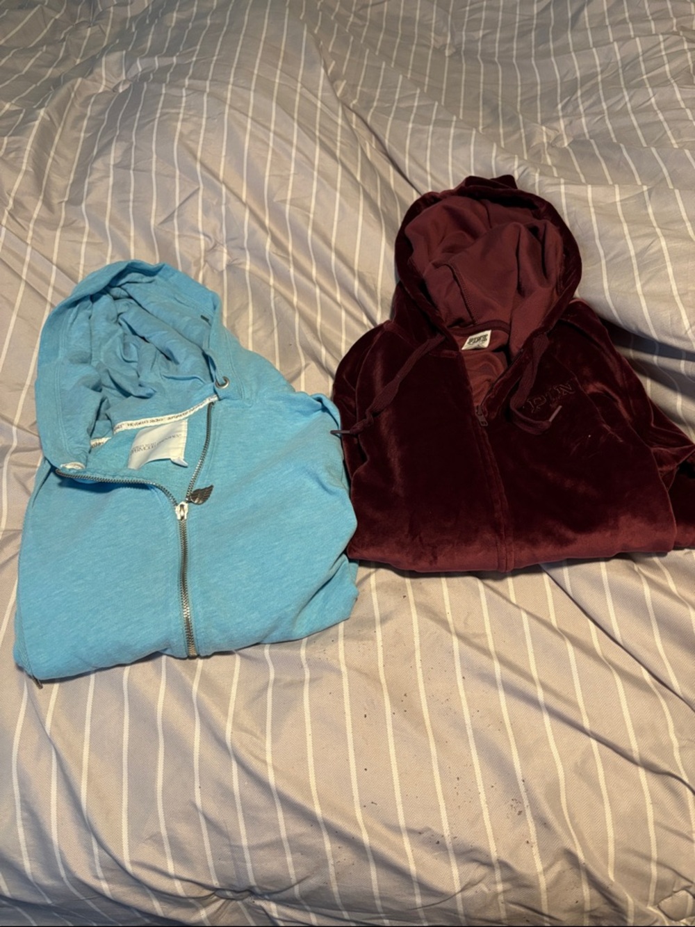 Women’s Zip-Up Hooded Jacket in Light Blue and Burgundy
